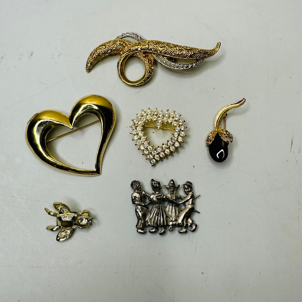 Vintage Brooch Lot 6pc Beau Sterling Dutch Dancers Gold Tone Heart Rhinestone